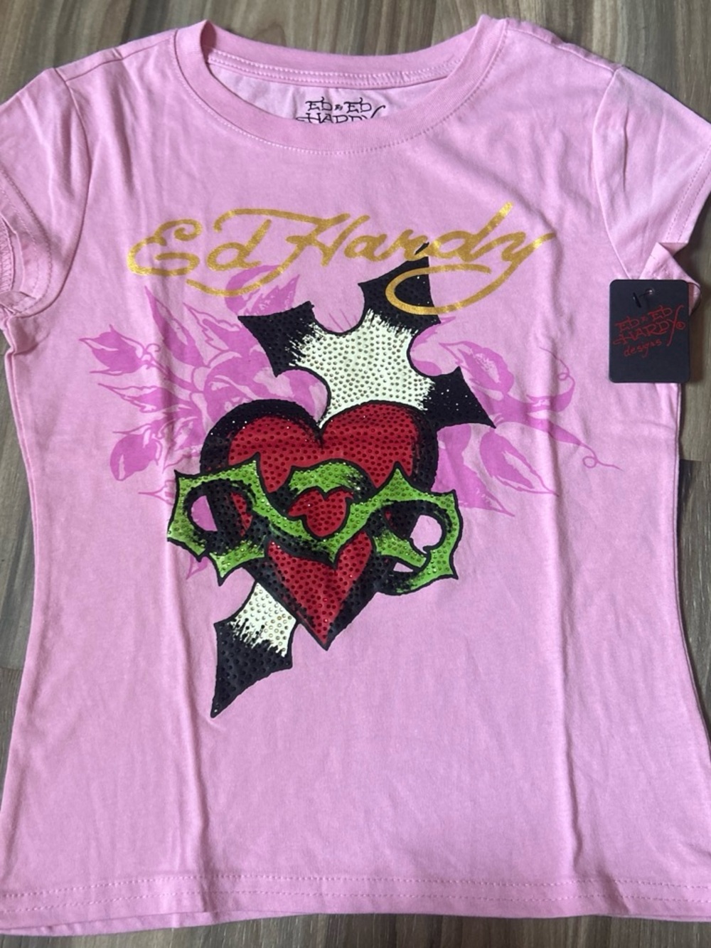 Ed Hardy Pink Short Sleeve Heart Graphic Tee with Gold Logo